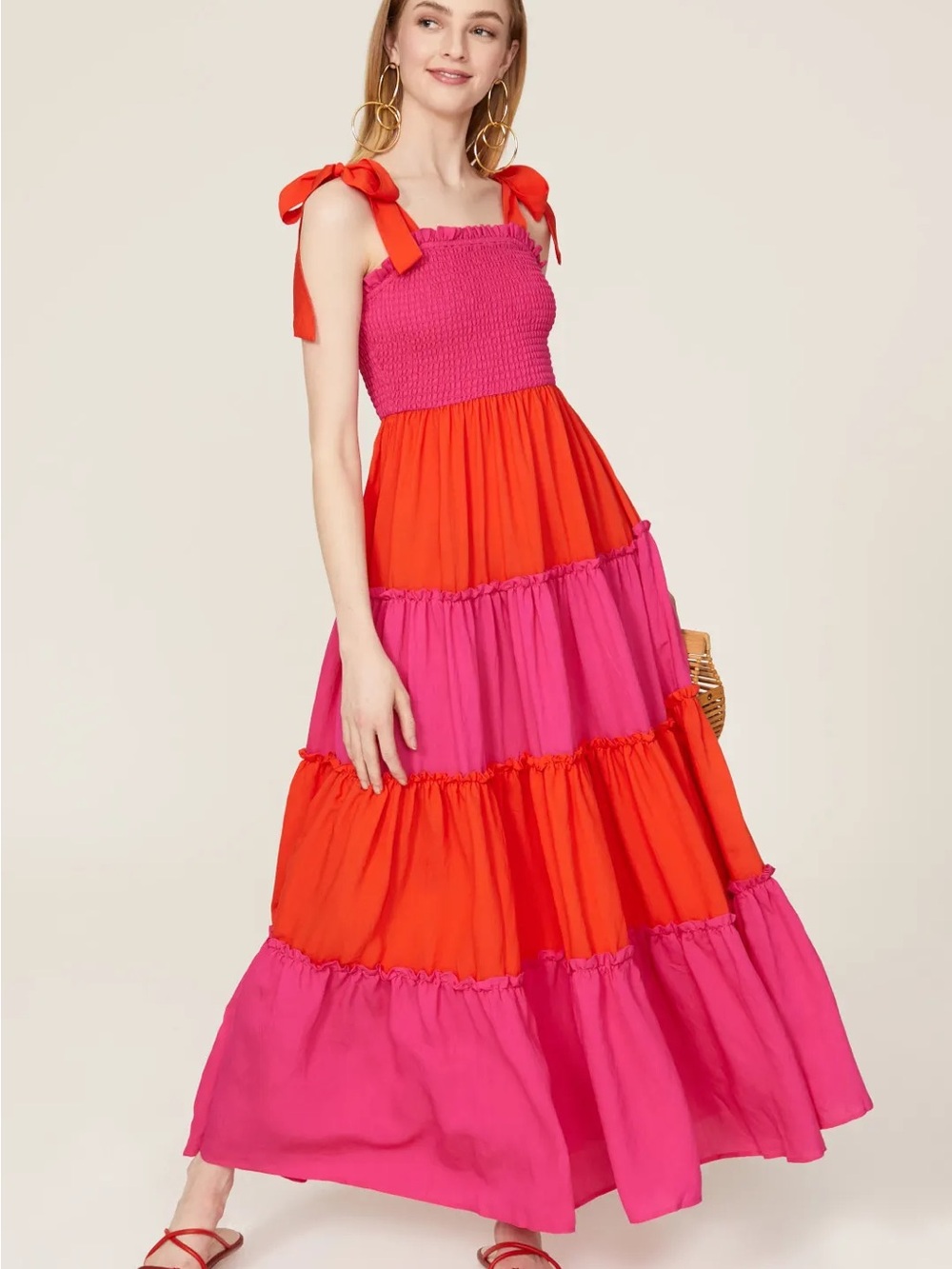 🎉SALE!!! NWOT - Tie-Shoulder Pink & Orange Tiered Maxi Dress